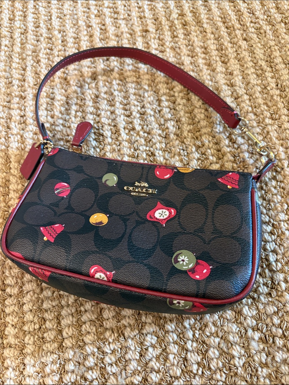 Coach Black Signature Shoulder Bag with Red Trim and Multicolor Ornaments